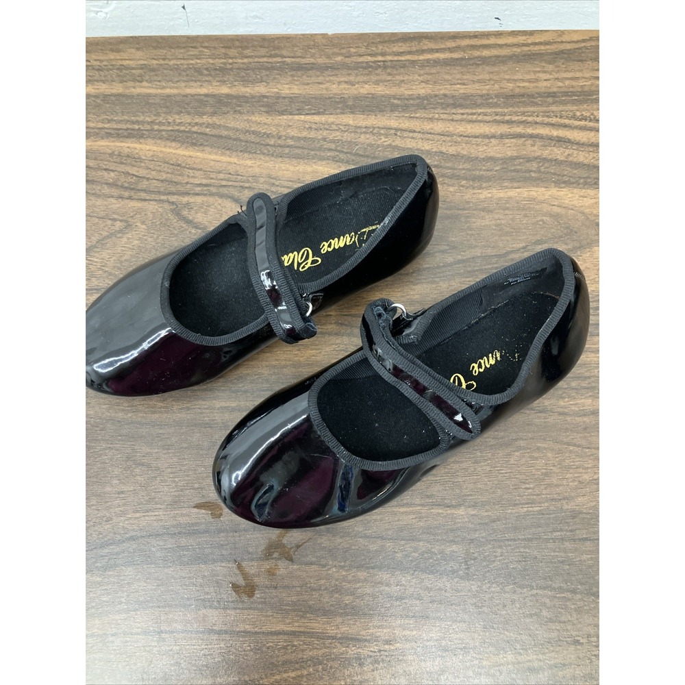 Dance Class Tap Dance Shoes Girls Patent Leather Black Lined Sz 2.5